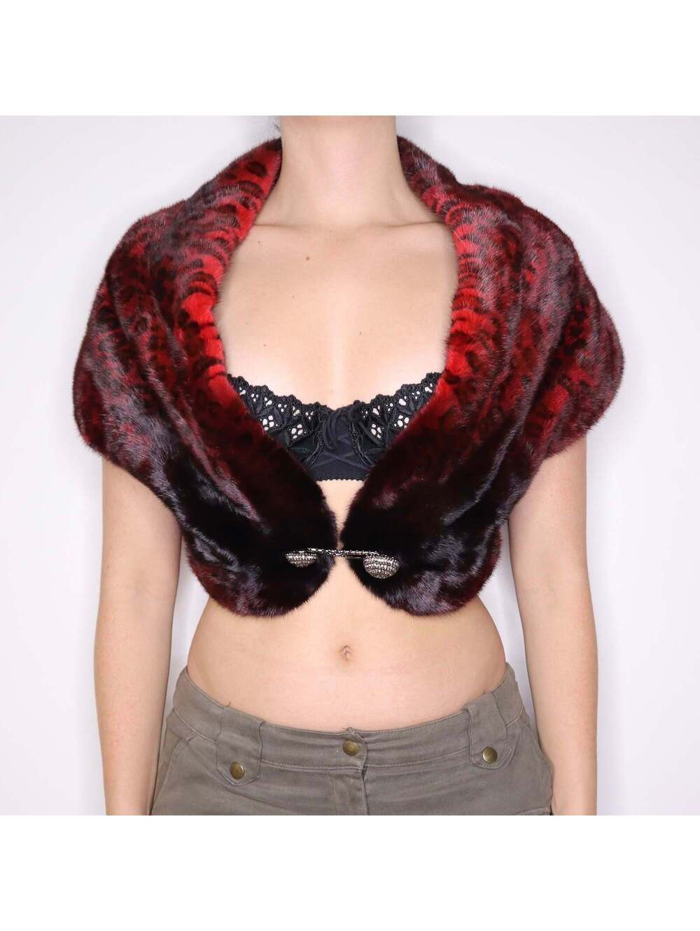 Y2K Red Leopard Print Mink Fur Shawl (L)